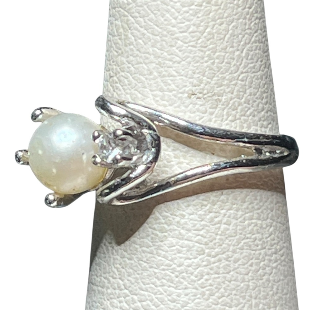 Vintage Uncas Genuine Pearl Sterling Silver CZ Ring 5 - Picture 3 of 9